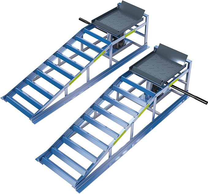 LARBANKE 2 Pack Steel Automotive Hydraulic Ramps, 5T 11000lbs, Night Warning Reflective Stickers, Home Garage Auto Oil Changes Lift Height 9.8"-15"
