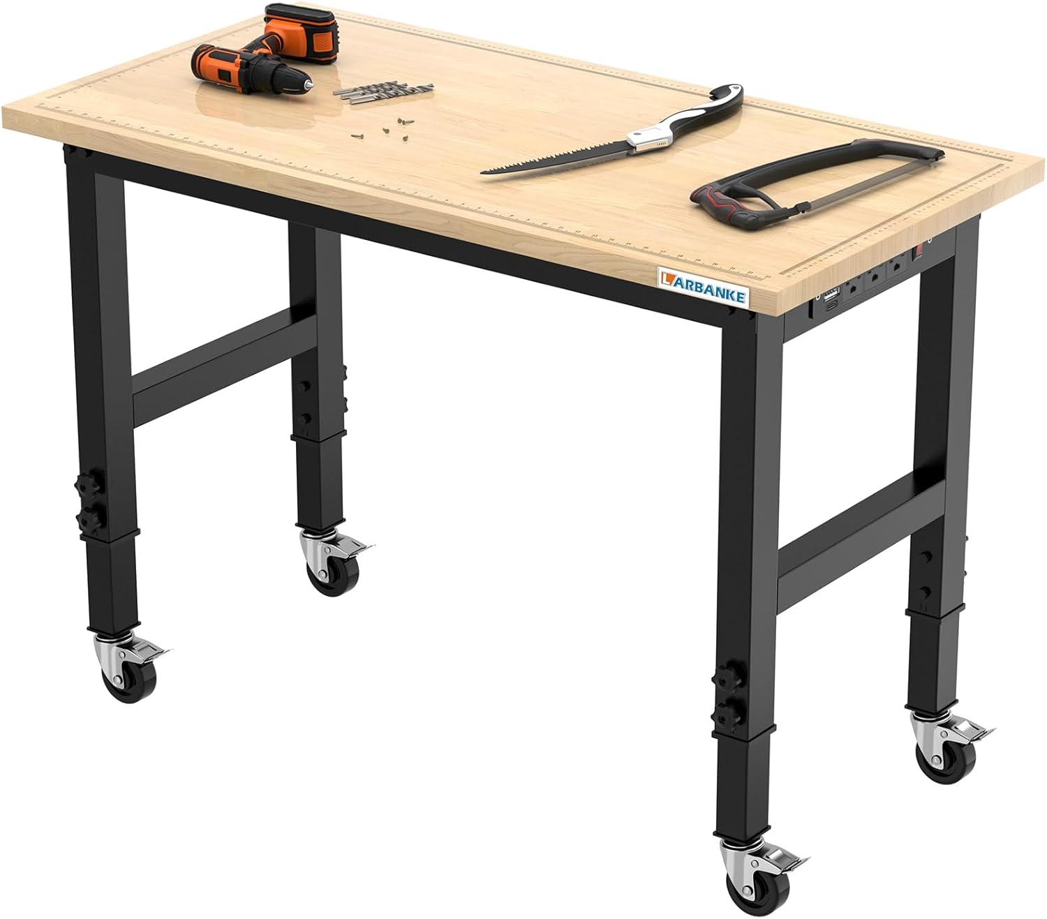 LARBANKE 48" Heavy-Duty Adjustable Workbench with Brake Wheels,Hardwood Worktable Weight Capacity Over 2000 Lbs,Rubber Wood Workbench has Adjustable 5 Different Heights