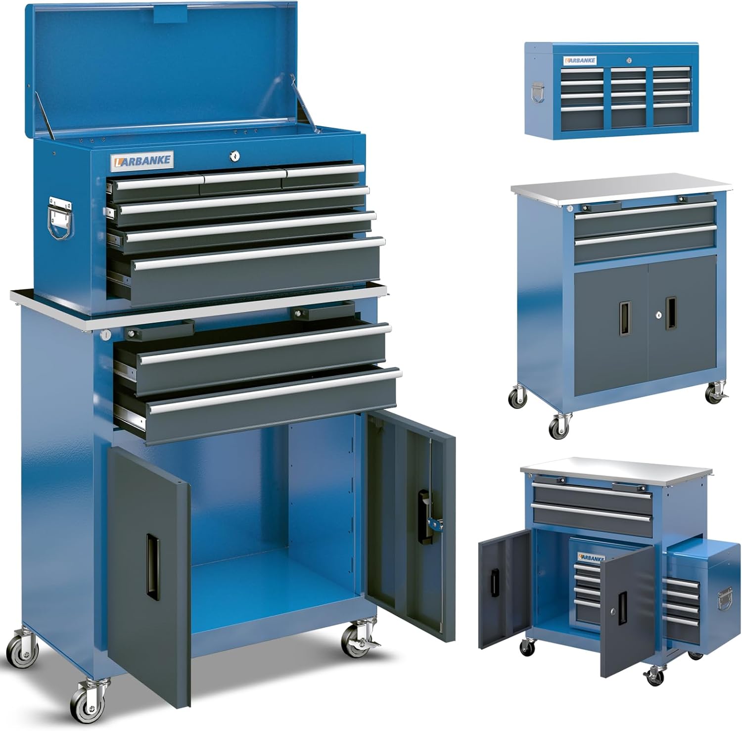LARBANKE 8-Drawer Rolling Tool Chest with Wheels and Door,Tool Box with Sliding Drawer,Stainless Steel Countertop Tool Chest,can Form Large Workbench,for Garage Workship