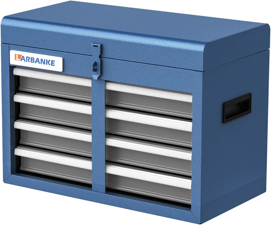 LARBANKE Portable Four-Drawer Tool box,Metal Tool Box with Storage Tray on Top,Multi-Functional Tool Cabinet with Key and Locking Decice,Suitable for Garages,Homes and Multiple Locations,Blue