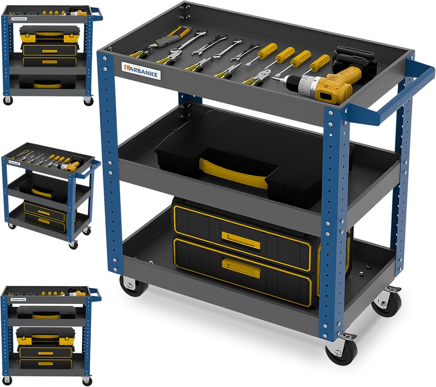 LARBANKE Rolling Tool Cart,with 3 Tier Tool Cart on Wheels,500lbs Load Capacity,Tool cart with Height-Adjustable Tiers,Tool Organizer for Garage, Service Cart Warehouse, Repair Shop and Home