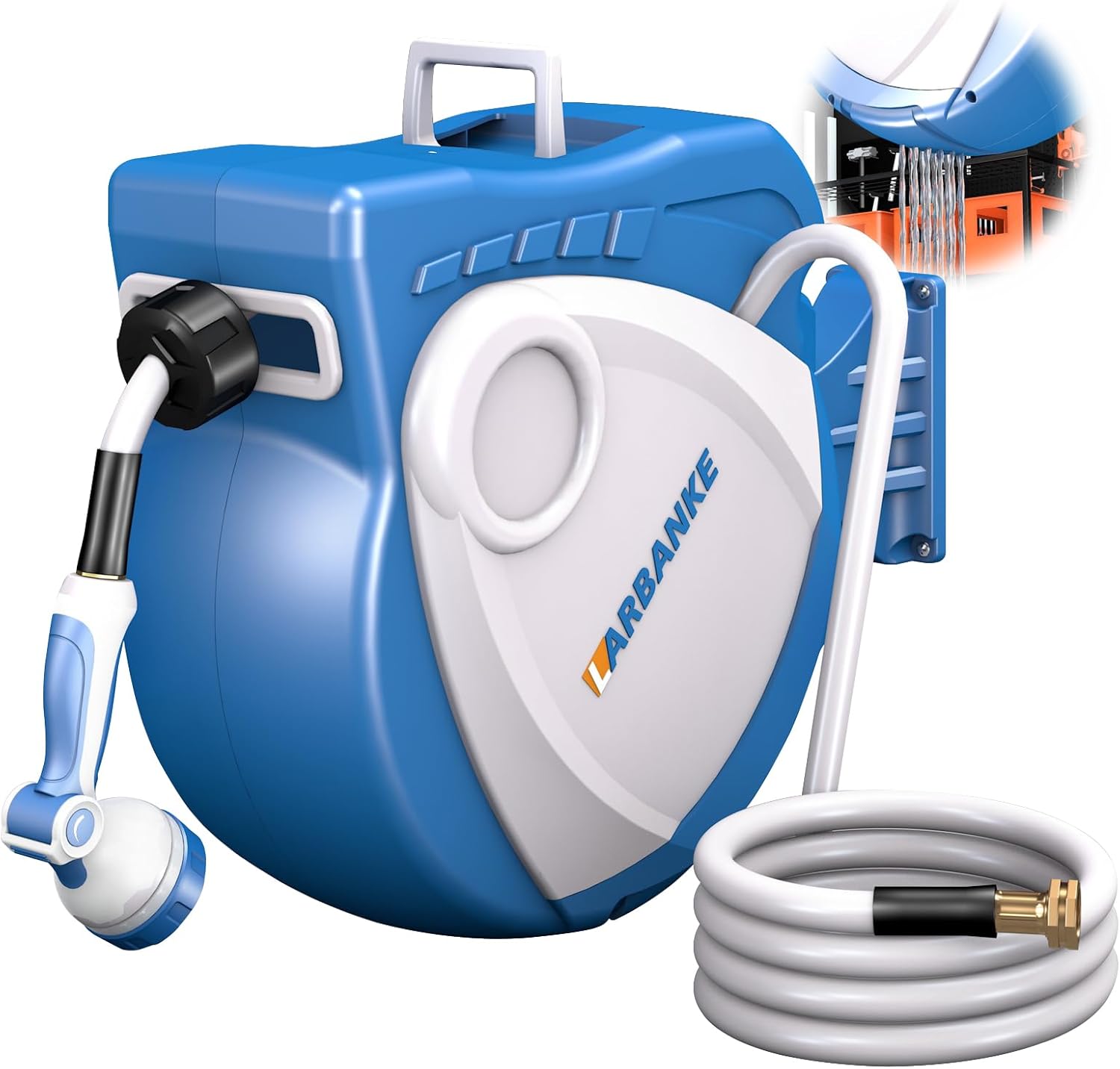 Larbanke 1/2 in × 100 ft Garden Hose Reel,Wall-Mounted Hose Reel with Bottom Drain,180° Rotating Bracket,with 10-Function Sprayer Nozzle,Lock/Slow Return System,Equipped with Waterproof Bag,Blue